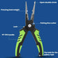 Green fishing line cutter pliers with dual blades and locking mechanism.