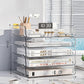 Clear acrylic desktop file rack with four open shelves and curved carry-style sides
