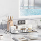 Clear acrylic desktop file rack with two open shelves and curved metal frame.