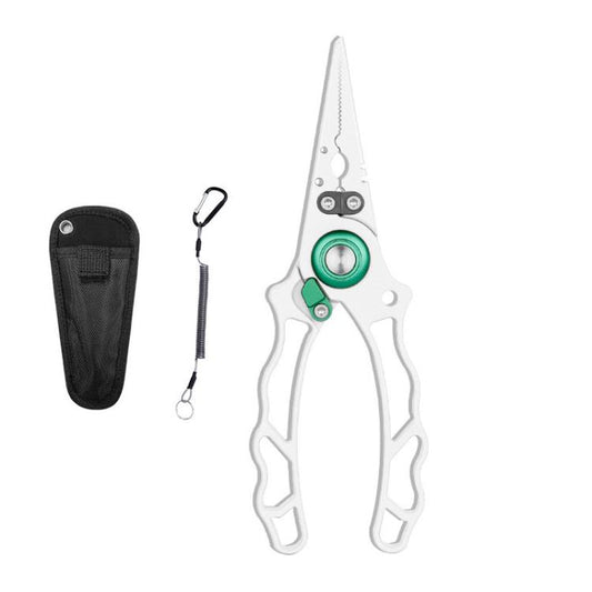 White fishing pliers with hook remover and PE line cutter, included black holster.