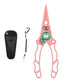 Pink fishing pliers with hook remover and PE line cutter, with black holster and lanyard.