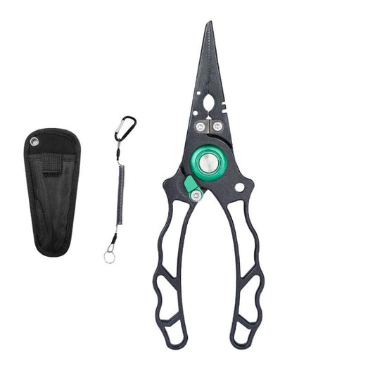 Black fishing pliers with hook remover and PE line cutter, with black holster and lanyard.