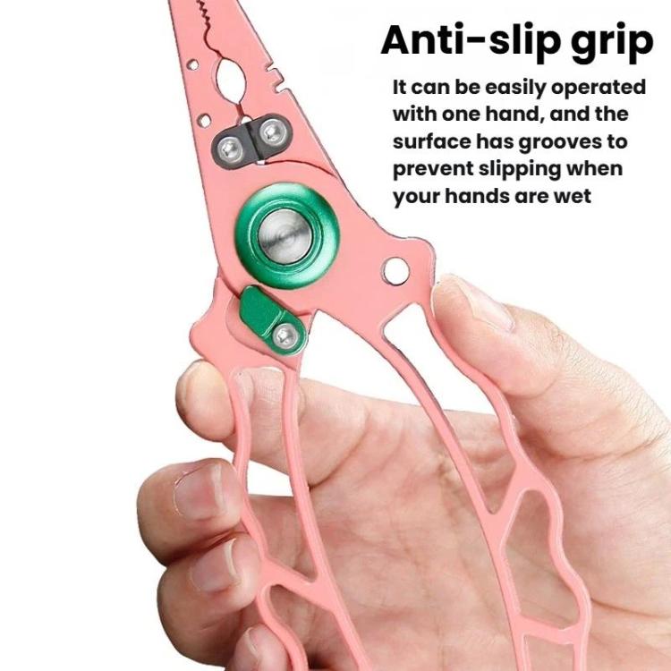 Pink fishing pliers with anti-slip grip and hook-remover tip, held by hand.