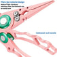 Pink fishing pliers with serrated cutter teeth and hollowed handle grips.