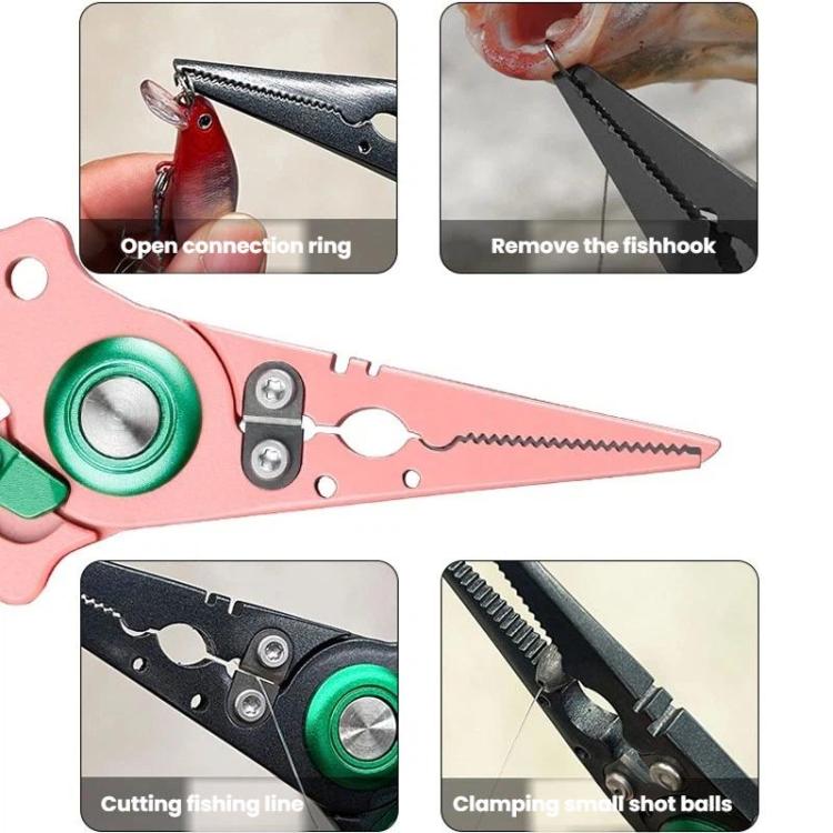 Pink and black fishing pliers set with line cutting and hook removal tips.