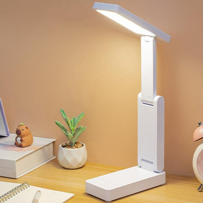 White rechargeable folding desk lamp with rectangular light bar and stable base