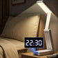 White folding desk lamp with touch controls and built-in digital clock display