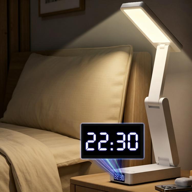 White folding desk lamp with touch controls and built-in digital clock display