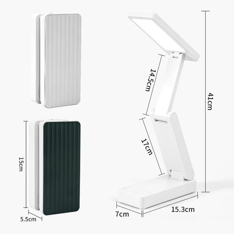 Portable folding desk lamp with adjustable head, shown in light gray and dark green