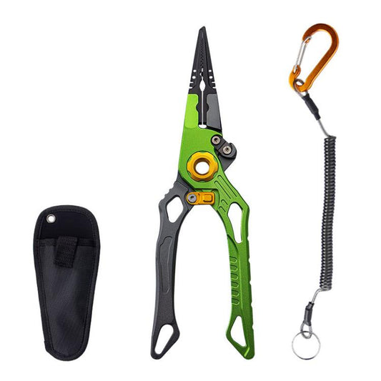 Green and gray fishing hook removal pliers with black holster and spring lanyard
