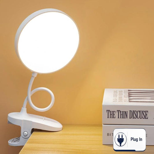 White round LED clip-on desk lamp with circular head and clamp base