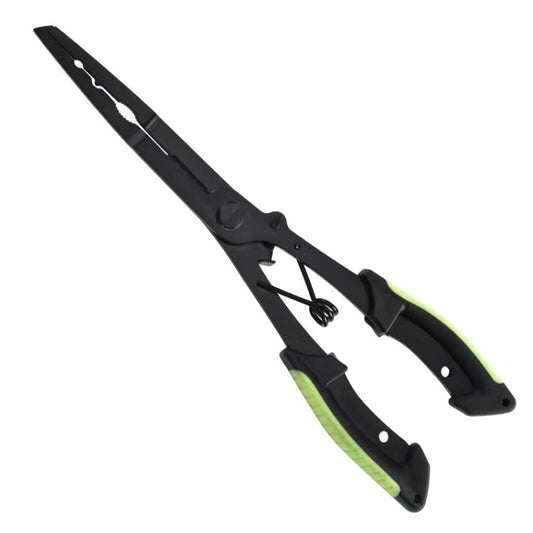 Black fishing pliers with green handle accents and eagle-beak jaw for hook removal