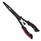 Black fishing pliers with red handle accents and eagle-beak jaw for hook removal