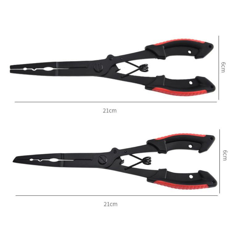 Black fishing pliers with red grips, 21cm overall length, side view and end view