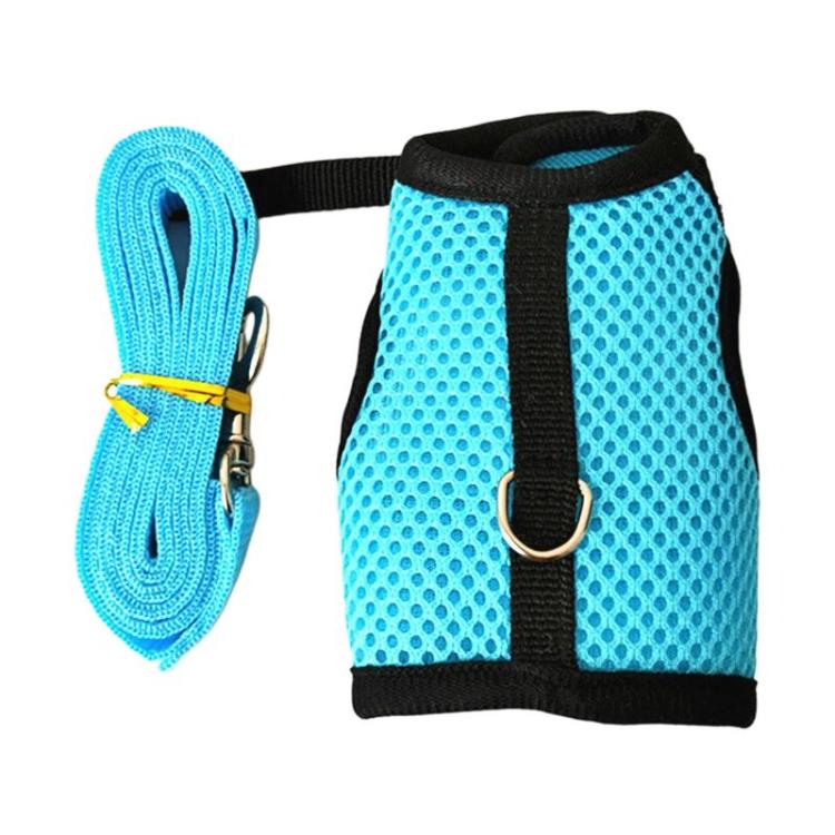 Light blue mesh vest-style pet harness with black trim and front D-ring; blue leash