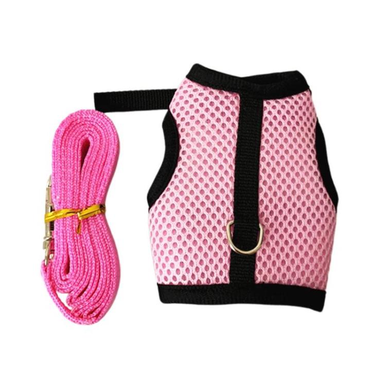 Pink mesh vest-style pet harness with black trim and front metal D-ring; pink leash