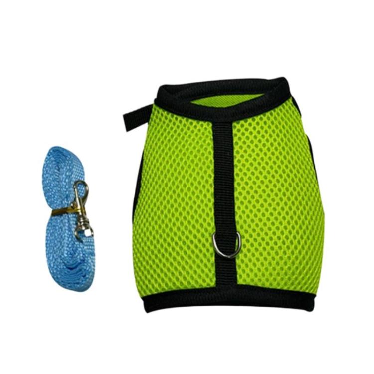 Green mesh small pet vest harness with black trim and front D-ring; blue leash
