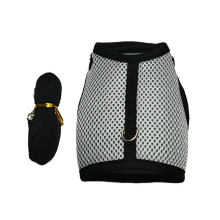 Small pet vest-style harness with leash, gray mesh with black trim