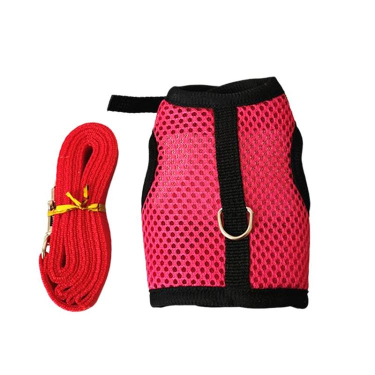 Small pet vest-style harness with leash, rose red mesh and black straps
