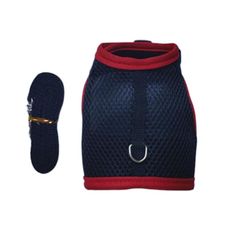 Navy mesh vest-style pet harness with red trim, front D-ring; dark leash included