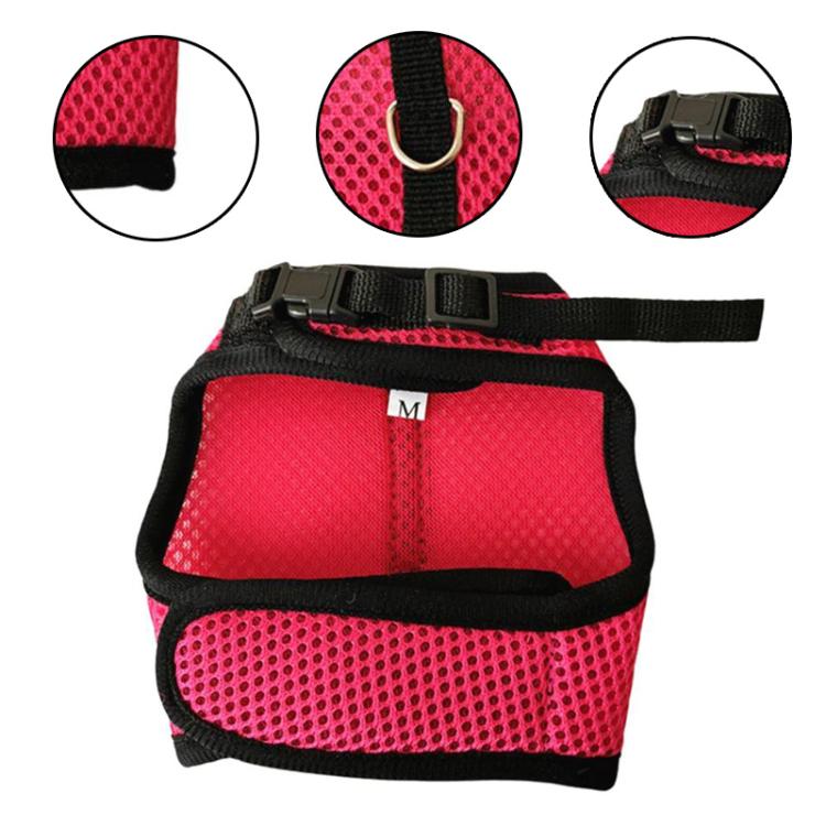 Red and pink vest-style harness with black straps, size M patch, front metal D-ring
