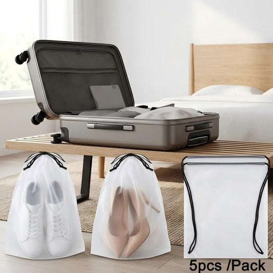 Frosted clear drawstring shoe storage bags, pack of 5, for travel