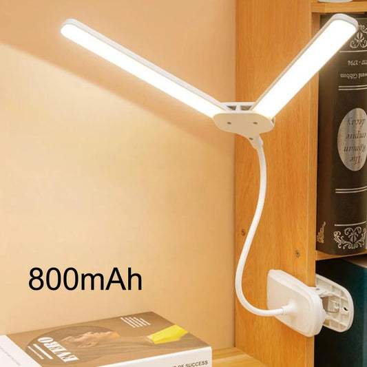 Dual-head clip-on LED reading lamp, white, 800mAh rechargeable battery.