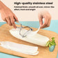 Stainless steel vegetable peeler shaving a white vegetable on a wooden board