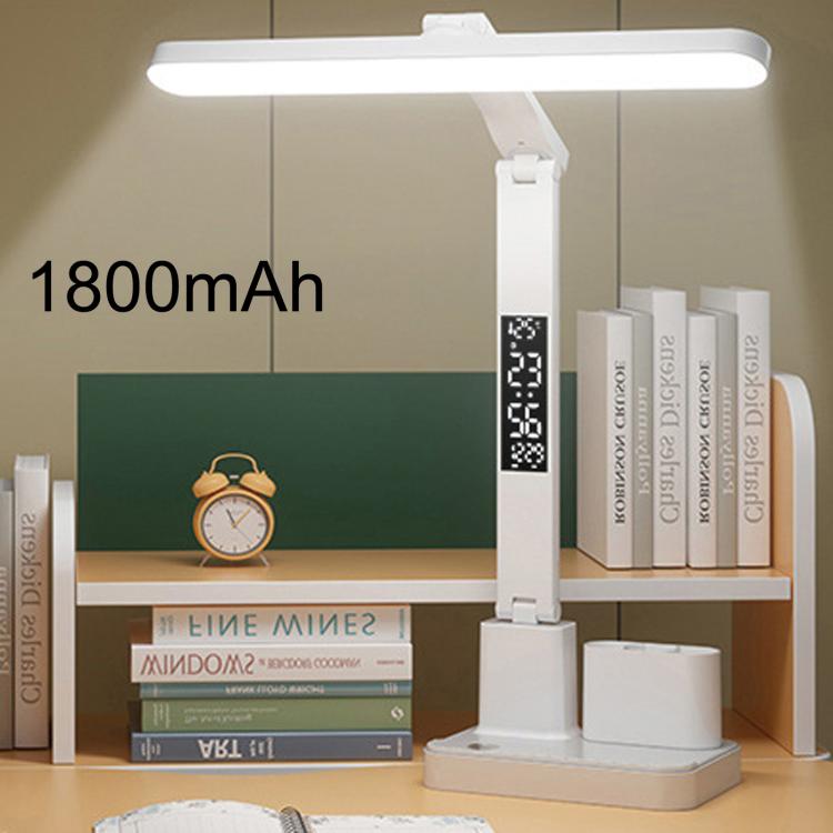 White portable LED desk lamp with time display and pen holder base, 1800mAh