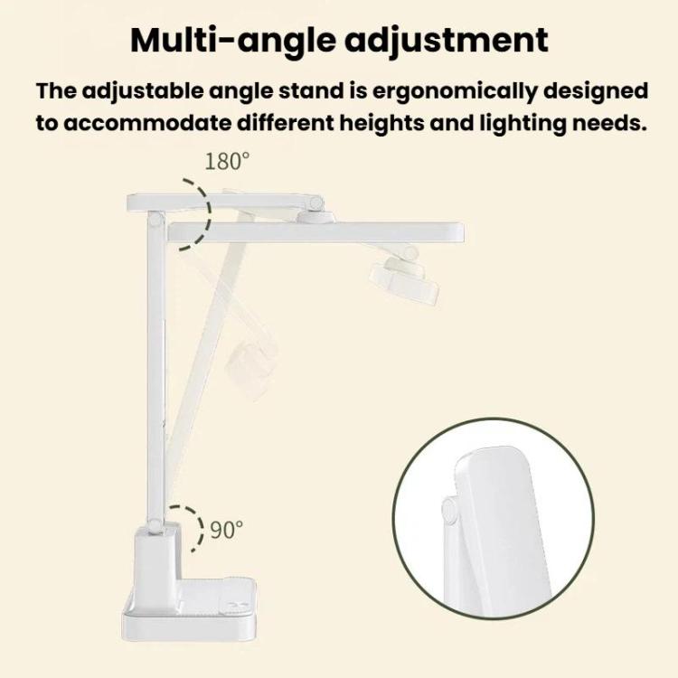 White portable LED desk lamp with adjustable multi-angle stand and base control