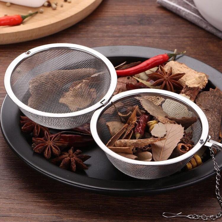 Stainless steel tea strainer balls with fine mesh, round lids and hanging chains