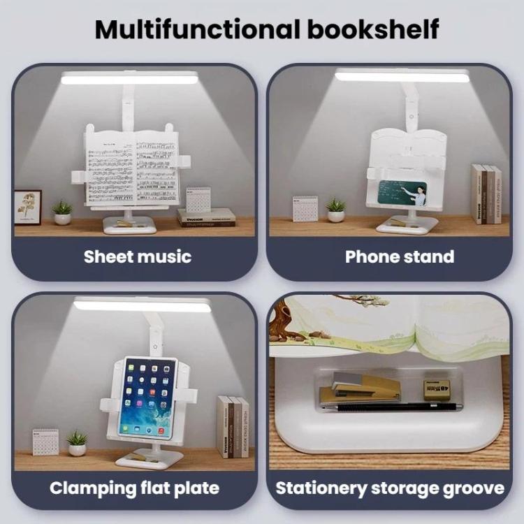 White bookshelf desk lamp with adjustable LED light and built-in shelf features
