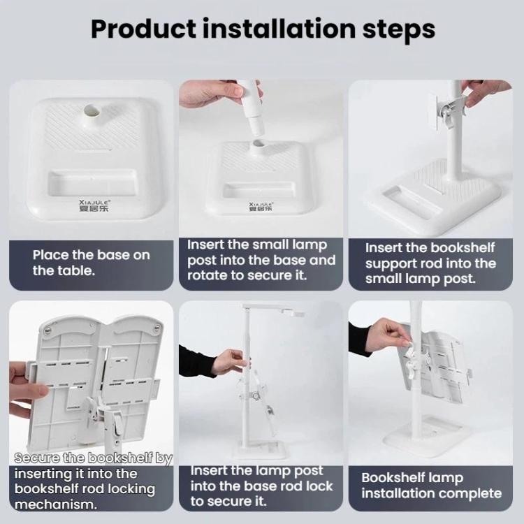 White adjustable LED bookshelf desk lamp shown during installation with base and post