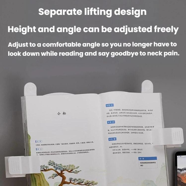 Adjustable LED desk lamp with two-position angle, vertical post, and clip book support