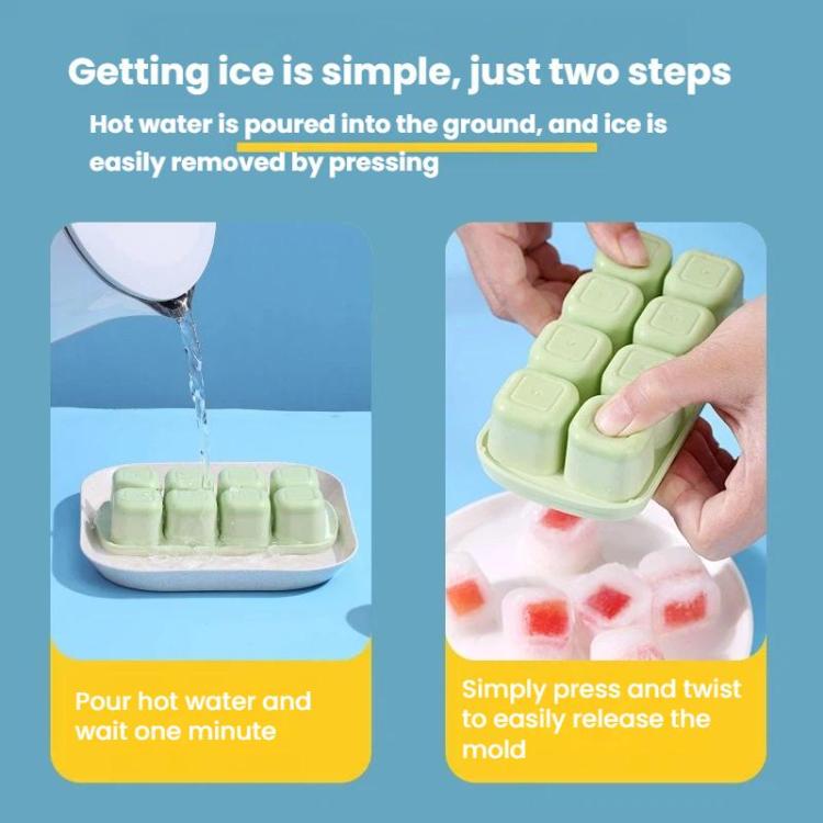 Ice cube mold tray being pressed to release; fruit ice pieces in compartments