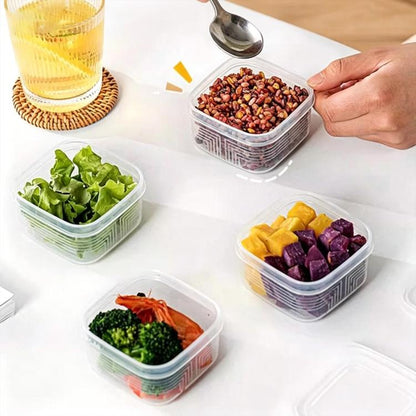 Square freezer food container with clear lid, hand holding diced food
