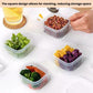 Stacked square freezer food containers with clear lids, hand placing a container