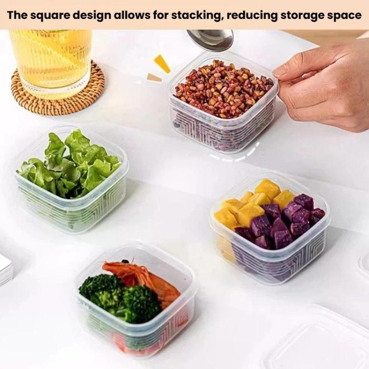 Stacked square freezer food containers with clear lids, hand placing a container