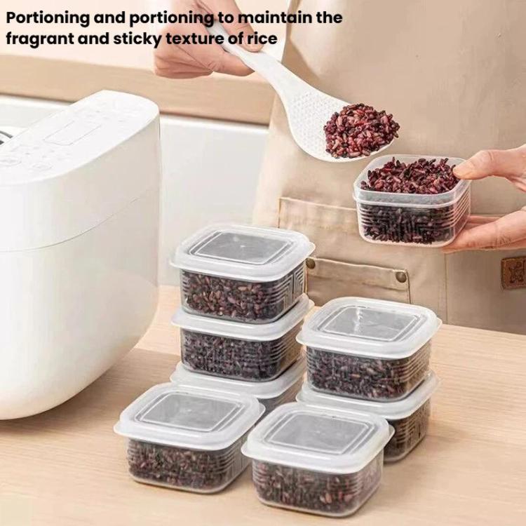 Stack of square containers with clear lids, hands holding rice portions