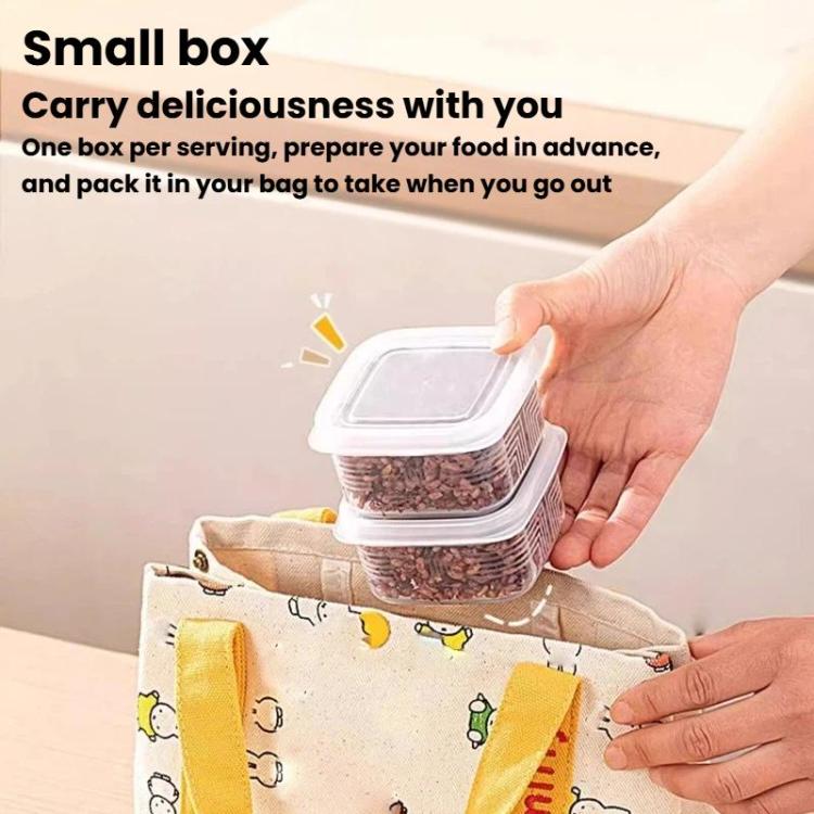 Small square freezer food container with clear lid, hand holding for takeout