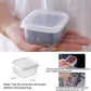 Square clear-lidded freezer container, close-up held in hands