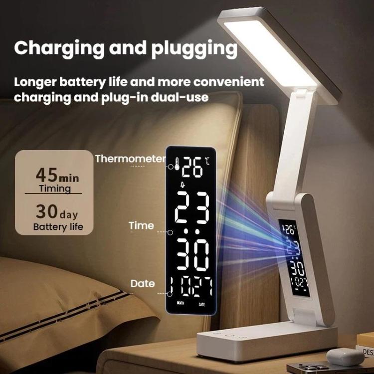 White desk lamp with side digital display showing time, date, and temperature