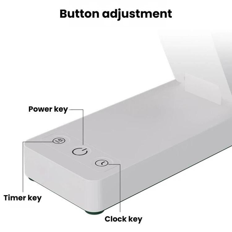 Folding desk lamp base with digital clock, power and timer buttons