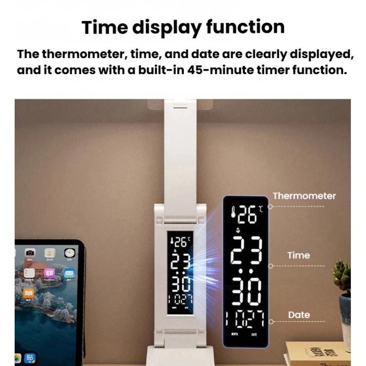 White folding desk lamp showing digital time, date, and thermometer display