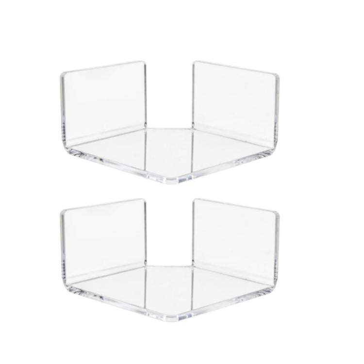 Clear triangular wall corner shelf with two open compartments