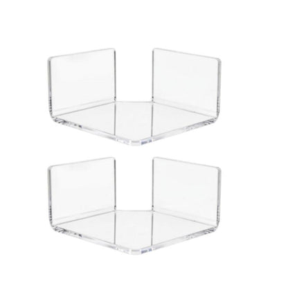 Clear triangular wall corner shelf with two open compartments