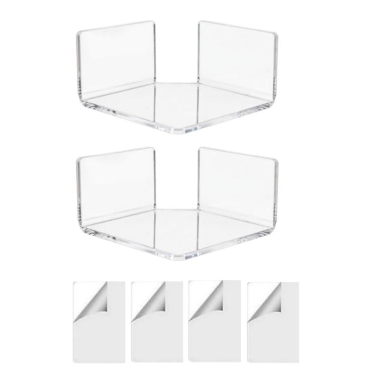 Clear triangular corner wall shelf with three open sections and divider