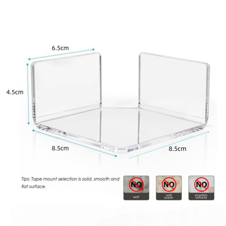 Clear triangular corner shelf with wall-mount dimensions diagram