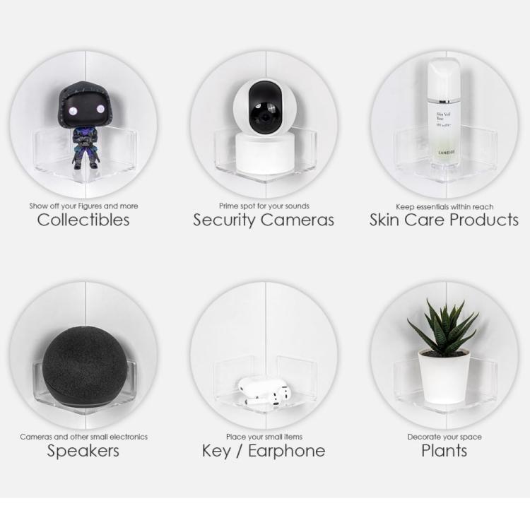 Triangular corner shelf for security cameras with feature icons