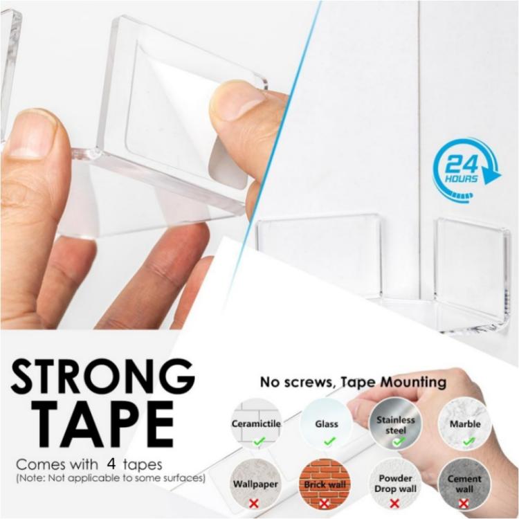 Clear triangular corner shelf installation using tape on transparent panels